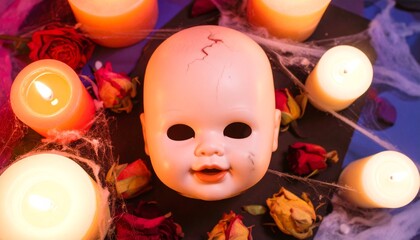 Fototapeta premium A vintage doll head with a cracked face and empty eyes, eerily surrounded by flickering candles, dried roses, and delicate spiderwebs, evoking a haunting and mysterious dark atmosphere