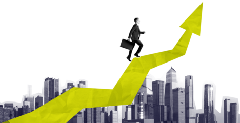 Isolated man in suit with briefcase climbing a yellow arrow over cityscape, collage style on white background, concept of success and career growth
