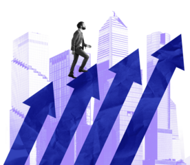Isolated man in formal attire climbs rising arrows over stylized skyscrapers on white background, representing business progress and personal growth