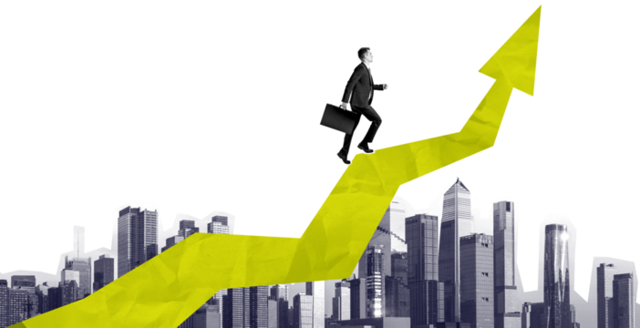 Isolated man in suit with briefcase climbing a yellow arrow over cityscape, collage style on white background, concept of success and career growth
