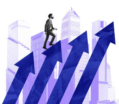 Isolated man in formal attire climbs rising arrows over stylized skyscrapers on white background, representing business progress and personal growth