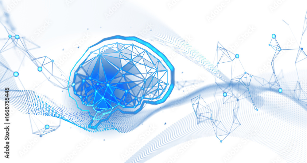 Poster isolated blue digital brain mesh with connecting lines and nodes on white background, abstract style