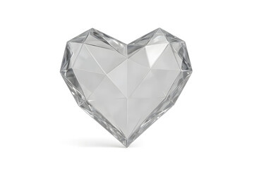 A shiny, faceted crystal in the shape of a heart, reflecting light with a transparent appearance. Concept Heart-Shaped Crystal, Light Reflection, Transparent Design, Faceted Surface
