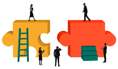 Businesspeople standing and walking on giant puzzle pieces with ladders and steps on white background, representing teamwork, career growth, and solutions