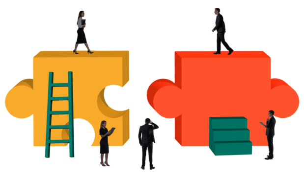 Businesspeople standing and walking on giant puzzle pieces with ladders and steps on white background, representing teamwork, career growth, and solutions - Powered by Adobe