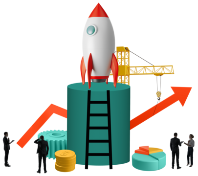 Businessmen near rocket, ladder, coins, gear, crane, and arrow on white background, illustrated in a minimal style, symbolizing startup success