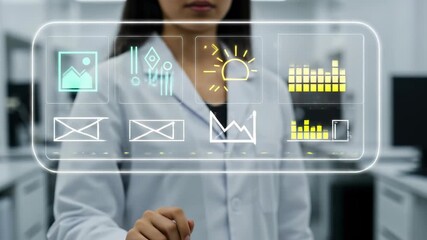 Young Asian female scientist interacts with a futuristic holographic interface in a modern laboratory, analyzing digital data with innovative technology. - Powered by Adobe