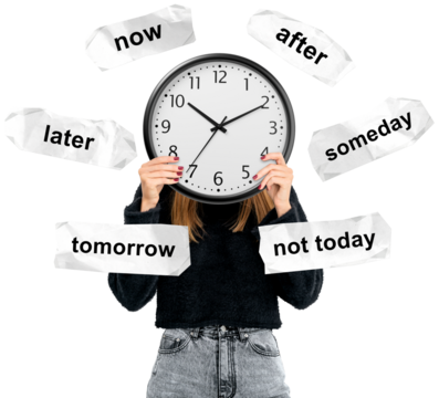 Isolated woman with clock in place of face, surrounded by paper notes with procrastination-related words, on white background, concept of time management - Powered by Adobe