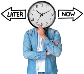 Isolated man with a clock as a head wearing denim shirt, thinking with hand on chin, on white...