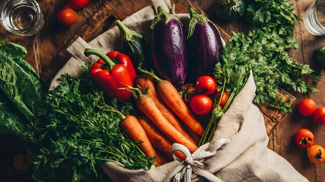 A close-up overhead view of a canvas bag filled with vibrant, fresh vegetables including carrots, bell peppers, eggplant, and tomatoes.