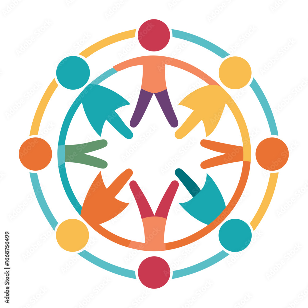 Poster diverse group of people holding hands in a circle, symbolizing unity, teamwork, and community connec