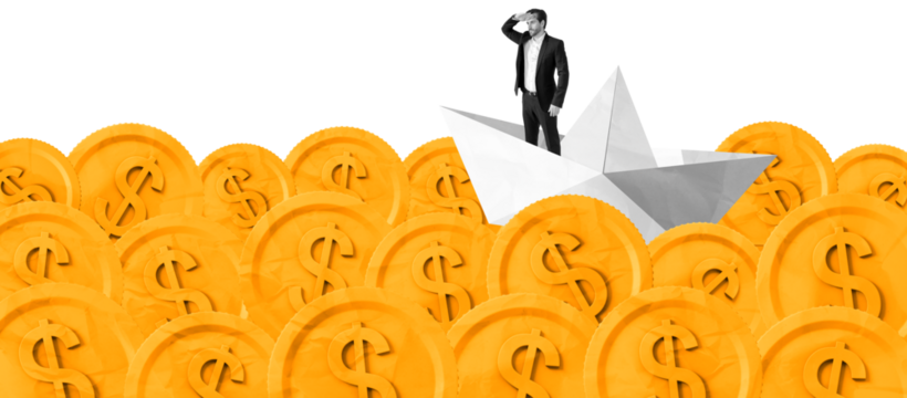 Businessman standing on paper boat, surrounded by large yellow dollar coins, isolated on white background, symbolizing financial journey and success - Powered by Adobe
