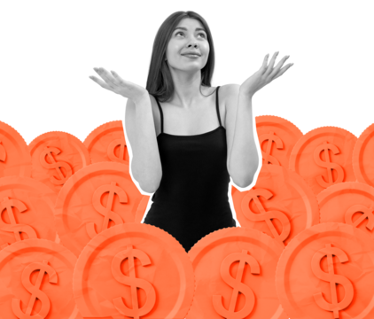 Isolated woman with confused expression surrounded by large orange dollar coins, grayscale and color mix style, on white background, symbolizing money dilemma