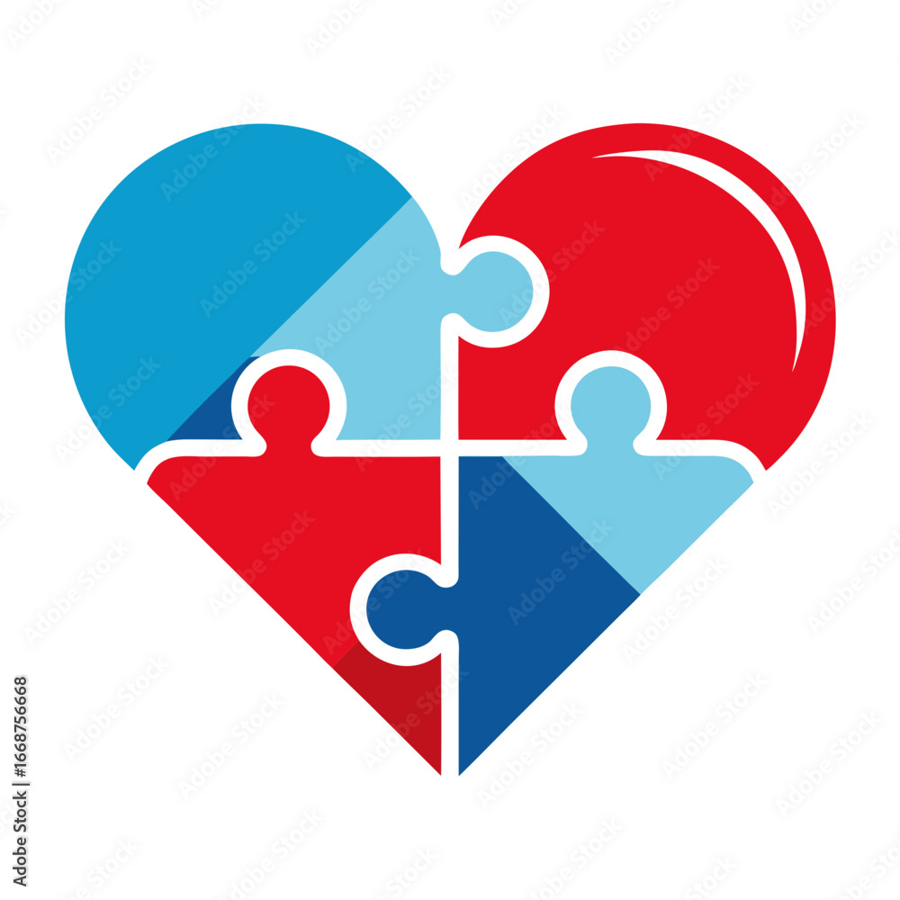 Poster connected hearts formed by interlocking puzzle pieces symbolize unity collaboration teamwork and sha