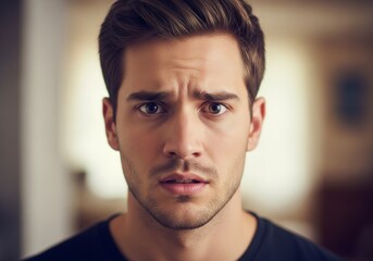 Intense Gaze - Young Mans Anxious Expression, Close-Up Portrait.
