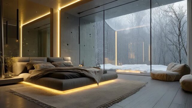 Elegant Minimalist Bedroom With Cozy Lighting and Serene Winter Forest View Through Glass Walls