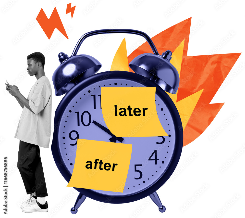 Aufkleber isolated man using phone stands next to alarm clock with sticky notes reading later and after, on wh
