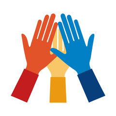 Fototapeta premium Diverse hands unite in vibrant teamwork and solidarity, celebrating collaboration and shared success in a powerful visual metaphor for unity and community.