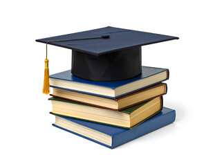 Academic graduation cap atop a stack of books, symbolizing education and knowledge.