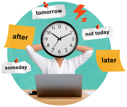 Isolated woman with clock face, sitting at desk with laptop, surrounded by sticky notes and paper signs showing procrastination words on teal background - Powered by Adobe