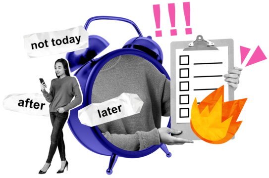 Isolated woman with smartphone near burning checklist, alarm clock, and procrastination signs in collage style on white background, concept of delay