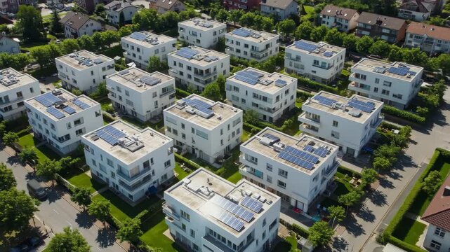 Aerial View of Modern Solar-Powered Housing Estate - An aerial shot showcases a sustainable housing estate with modern, white buildings, each equipped with rooftop solar panels.