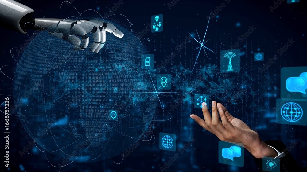 Poster a visual representation of the interaction between human and robot, showcasing technology icons that