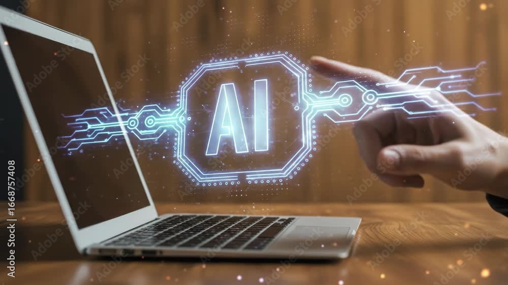 Poster ai technology innovation on laptop - a hand interacts with a holographic ai interface projected from