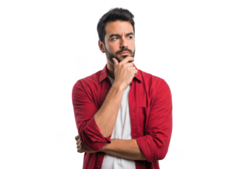 Thoughtful man with beard in red shirt contemplating an idea against a solid backdrop transparent background