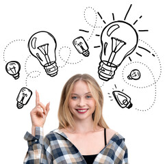 Isolated smiling woman in checkered shirt pointing upward, surrounded by hand-drawn light bulbs on...