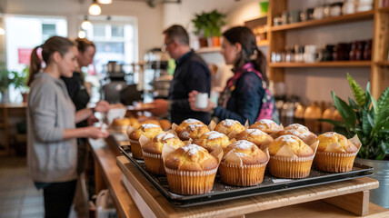 Fresh muffins on a tray fill the bakery air