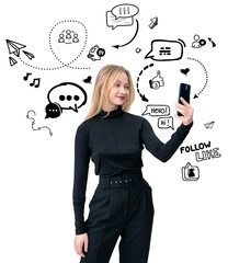 Isolated woman using smartphone for selfie, surrounded by sketch-style social media icons on white...