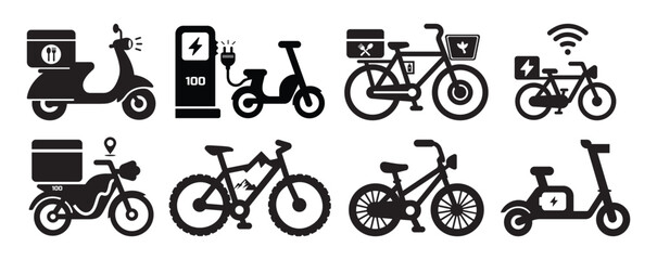 Food Delivery Scooter, Electric Bicycle, E Bike, Mountain Bike, Logistics and Transport Icons Set