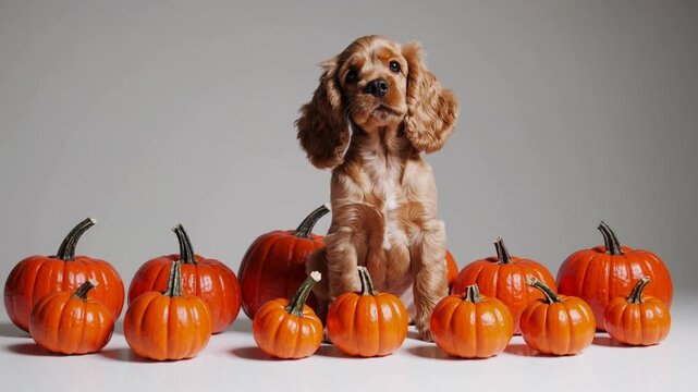 Adorable young dog breed seated amidst linear arrangement of orange autumn gourds on plain backdrop