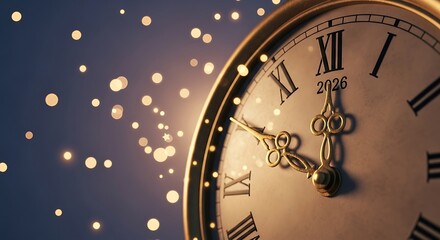 Antique clock face showing year twenty six with golden hands and bokeh lights roman numerals