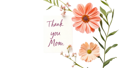 • A handwritten "Thank you Mom" note with a flower illustration, isolated on white background in HD 