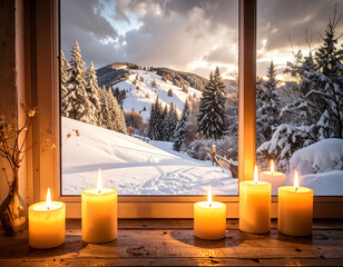 Warm candlelight illuminates a snowy mountain landscape viewed through a wooden window frame.