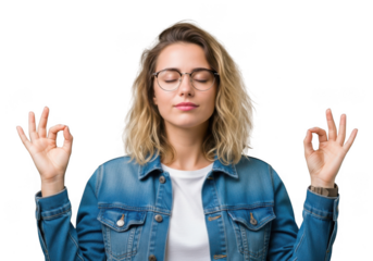 Young woman meditating with eyes closed and mudra hand gestures practicing mindfulness transparent background