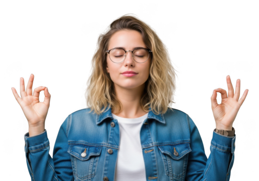 Young woman meditating with eyes closed and mudra hand gestures practicing mindfulness transparent background