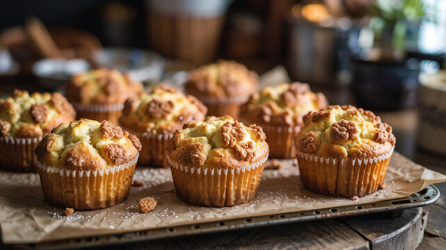 Fresh muffins with streusel topping line a baking try