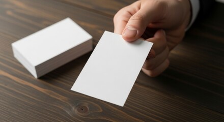 Obraz premium Blank Business Card Mockup - Hand Presenting Crisp White Card on Dark Wood.