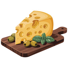 Large piece Maasdam cheese wooden tray realistic vector illustration isolated on white background