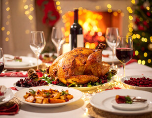 Roasted turkey dinner, festive Christmas setting, with wine and side dishes.