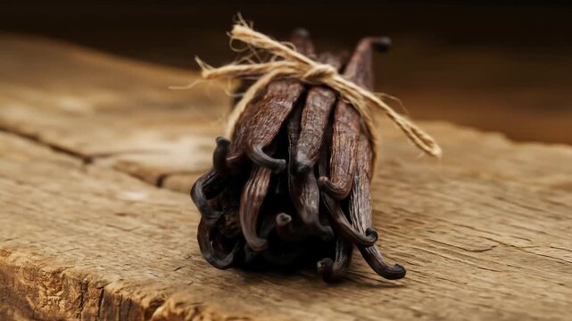 Aromatic Vanilla Beans Bundle on Rustic Wood - A close-up shot of a bundle of dried vanilla beans tied with twine, resting on a rustic wooden surface.