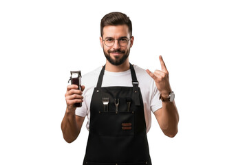 Skilled barber demonstrates hair clipper expertise confidently showing one finger gesture transparent background