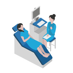 A medical professional consults with a patient lying on an examination table next to diagnostic equipment.
