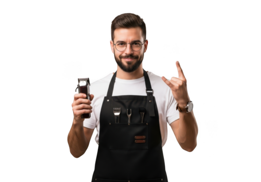 Skilled barber demonstrates hair clipper expertise confidently showing one finger gesture transparent background