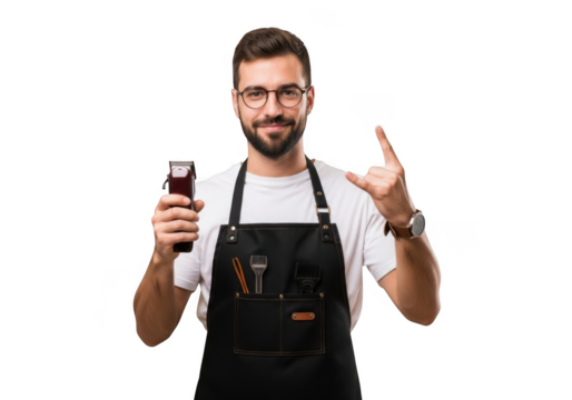 Barber holding hair clippers and showing a small size gesture confidently transparent background