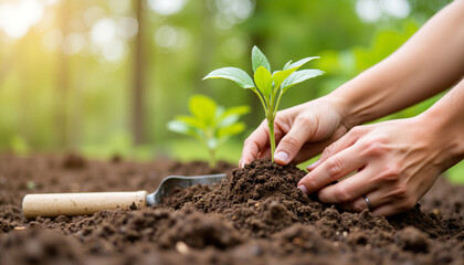 Volunteer's hands planting a young sapling with care and hope against a natural garden backdrop with copy space
