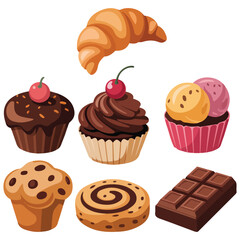 Cakes and candy icon set vector illustration isolated on white background